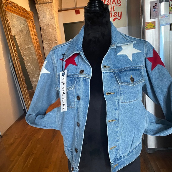 HIGH HEELS SUICIDE WANDERLUST Star Patch Embellished DENIM jean JACKET Sz S - Picture 4 of 16